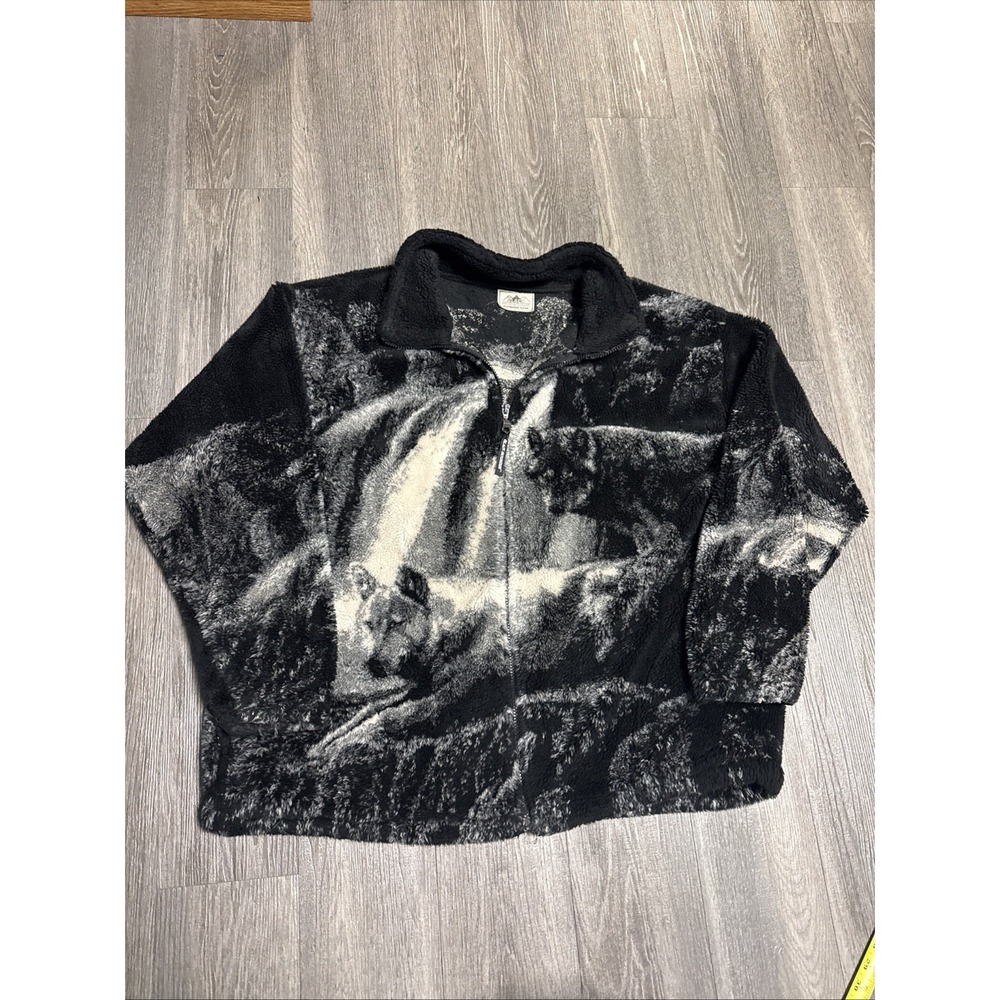 Vintage Black Mountain Fleece Jacket Wolf Wildlife Scenic Sherpa Size XL